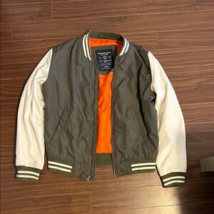 American Eagle Outfitters Olive Green and White Bomber Jacket